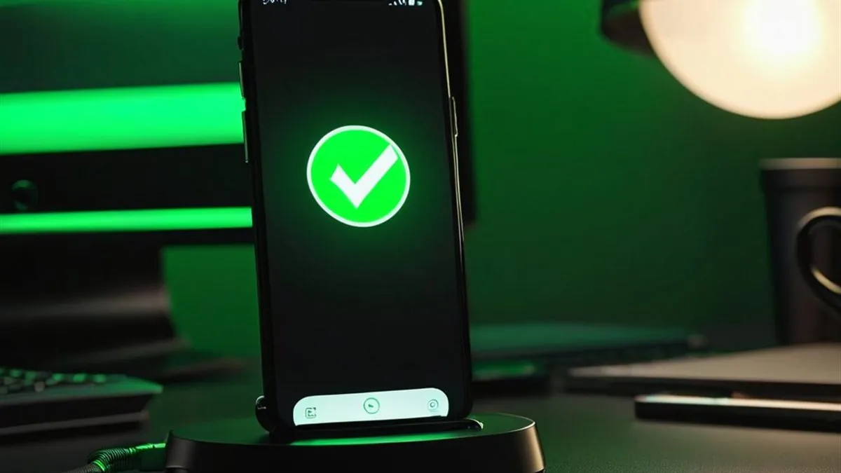 Celular en una base con una marca de verificación verde en pantalla oscura