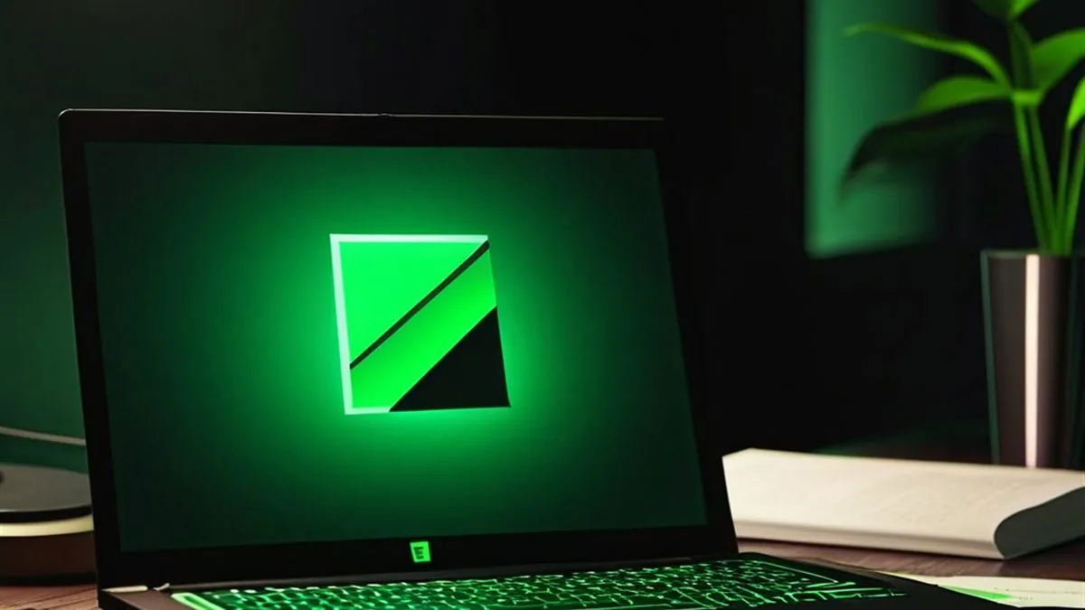 Laptop con un icono verde de documento en pantalla sobre un escritorio de madera